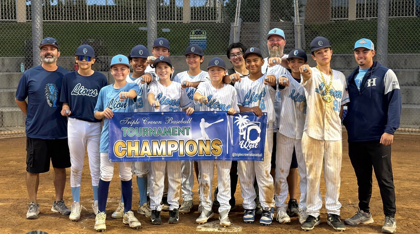Lions travel baseball team celebrating a tournament championship